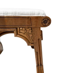 Arts & Crafts Hand-Carved Oak Stools with Boucle Upholstery, 1900s